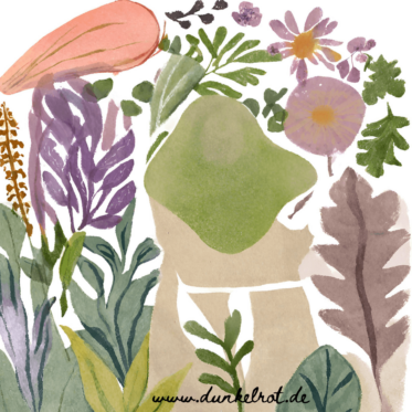 Aquarell-Illustration mit Garten- und Kräutermotiven auf dunkelrot.de: Blätter, Blüten, Wurzelgemüse und eine stilisierte grün-beige Figur