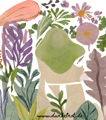 Aquarell-Illustration mit Garten- und Kräutermotiven auf dunkelrot.de: Blätter, Blüten, Wurzelgemüse und eine stilisierte grün-beige Figur