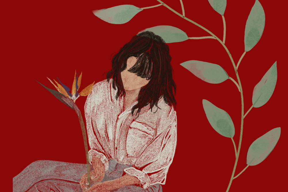 Illustration auf dunkelrotem Grund: eine Frau mit dunklem Haar sitzt im Schneidersitz und hält eine Strelitzien-Blüte, daneben ein Zweig mit grünen Blättern