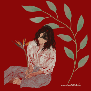 Illustration auf dunkelrotem Grund: eine Frau mit dunklem Haar sitzt im Schneidersitz und hält eine Strelitzien-Blüte, daneben ein Zweig mit grünen Blättern
