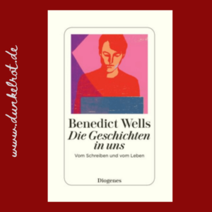 Dunkelrot Rezi Die Geschichten in uns. Das Cover zeigt eine mehrfarbig schattiertes Bild eines Menschen vor einem Laptop sitzend.