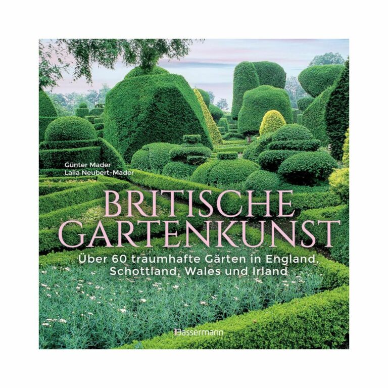 dunkelrot-rezi Britische Gartenkunst. Das Cover zeigt einen immergrünen und künstlerisch gestalteten Park
