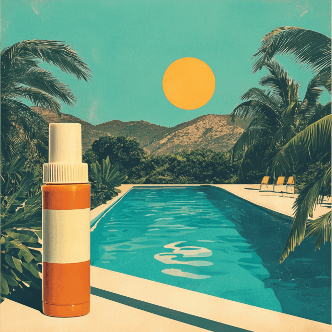 a bottle of sunblock on a pool