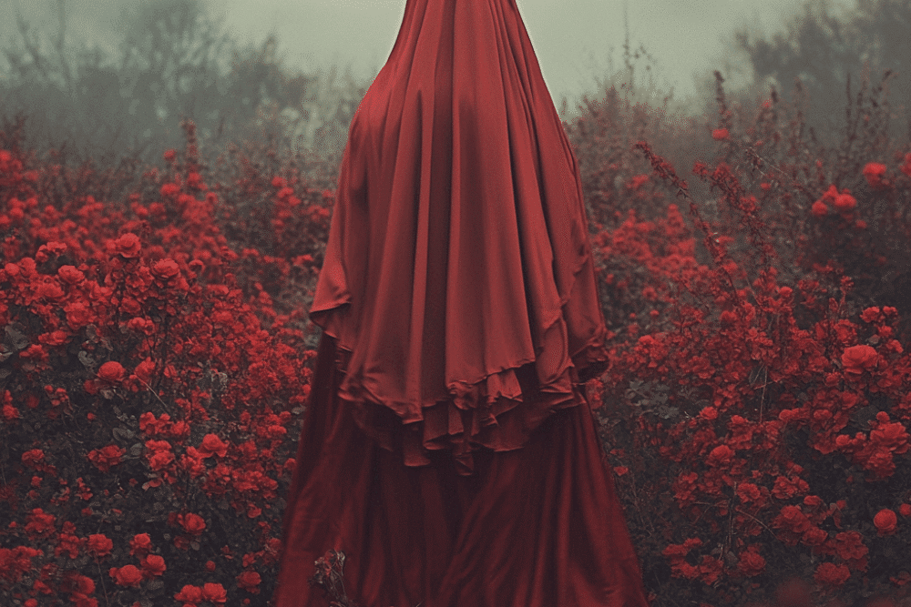 Verhüllte Gestalt in dunkelrotem Umhang steht inmitten roter Rosen – Symbolbild für den Satz „Ein Wunsch ist noch keine Aufgabe".