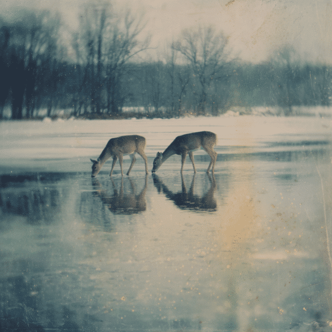 Zwei Rehe auf einem zugefrorenen See im goldenen Winterlicht – Polaroid-Illustration