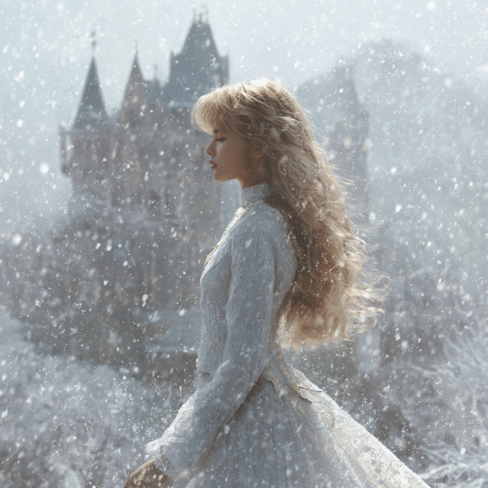 Frau im Schneegestöber vor einem winterlichen Schloss – Softember-Illustration