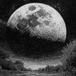 Historische Illustration des Vollmonds mit Kratern über einer Landschaft – Symbolbild für die Dunkelrot-Himmelschronik