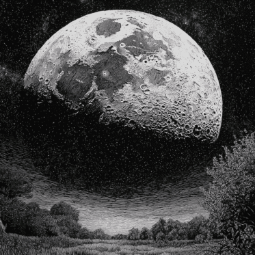 Historische Illustration des Vollmonds mit Kratern über einer Landschaft – Symbolbild für die Dunkelrot-Himmelschronik