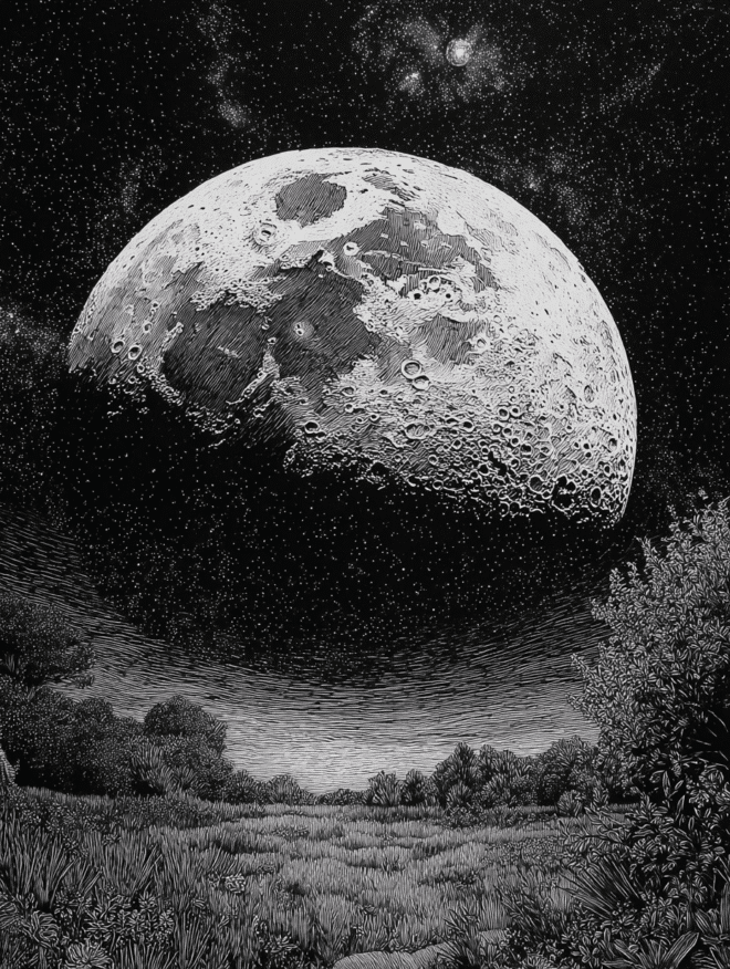 Historische Illustration des Vollmonds mit Kratern über einer Landschaft – Symbolbild für die Dunkelrot-Himmelschronik