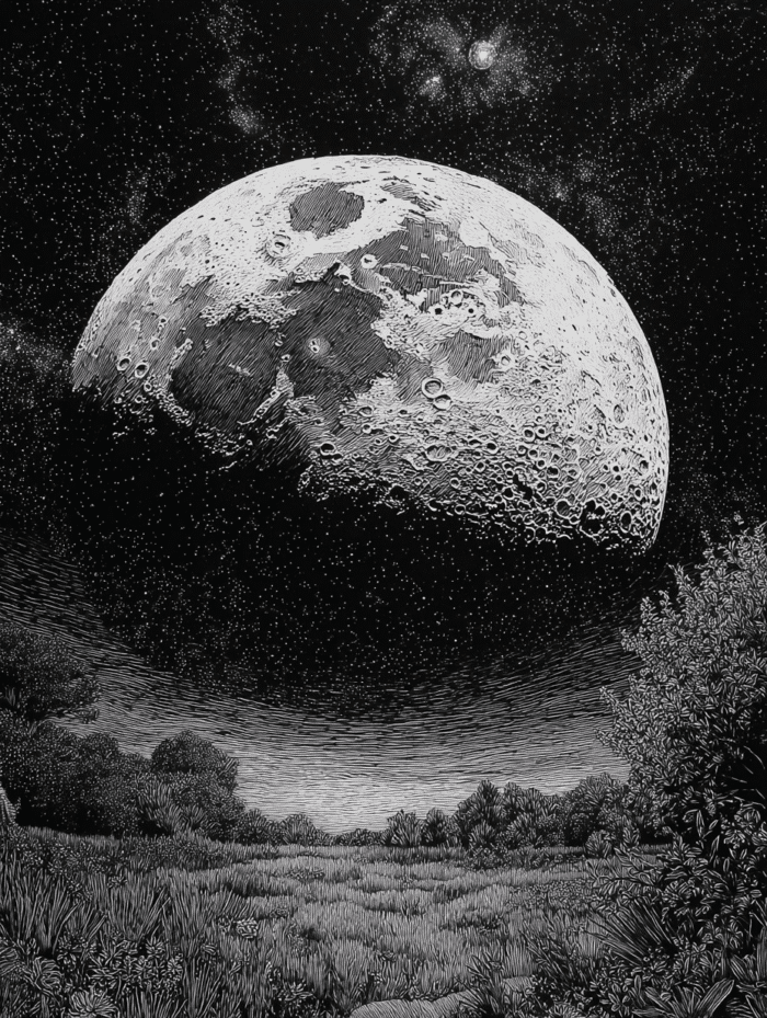 Historische Illustration des Vollmonds mit Kratern uüber einer Landschaft – Symbolbild für die Dunkelrot-Himmelschronik