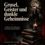Düstere Grafik mit dem Titel „Grusel, Geister und dunkle Geheimnisse“ – Bücher für Halloween und lange Herbstnächte, www.dunkelrot.de
