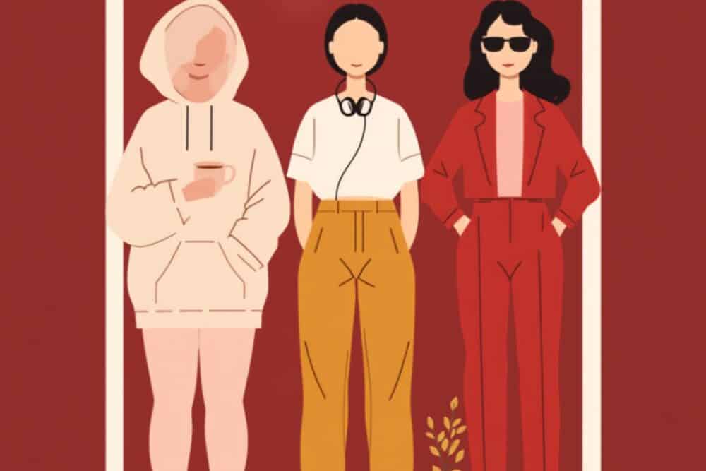 Illustration: drei junge Frauen ohne Gesichter in einer Schulpause am Fenster – soft, lässig, selbstbewusst