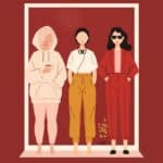 Illustration: drei junge Frauen ohne Gesichter in einer Schulpause am Fenster – soft, lässig, selbstbewusst