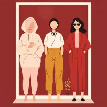 Illustration: drei junge Frauen ohne Gesichter in einer Schulpause am Fenster – soft, lässig, selbstbewusst