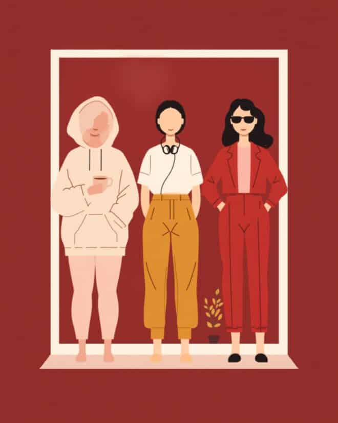 Illustration: drei junge Frauen ohne Gesichter in einer Schulpause am Fenster – soft, lässig, selbstbewusst