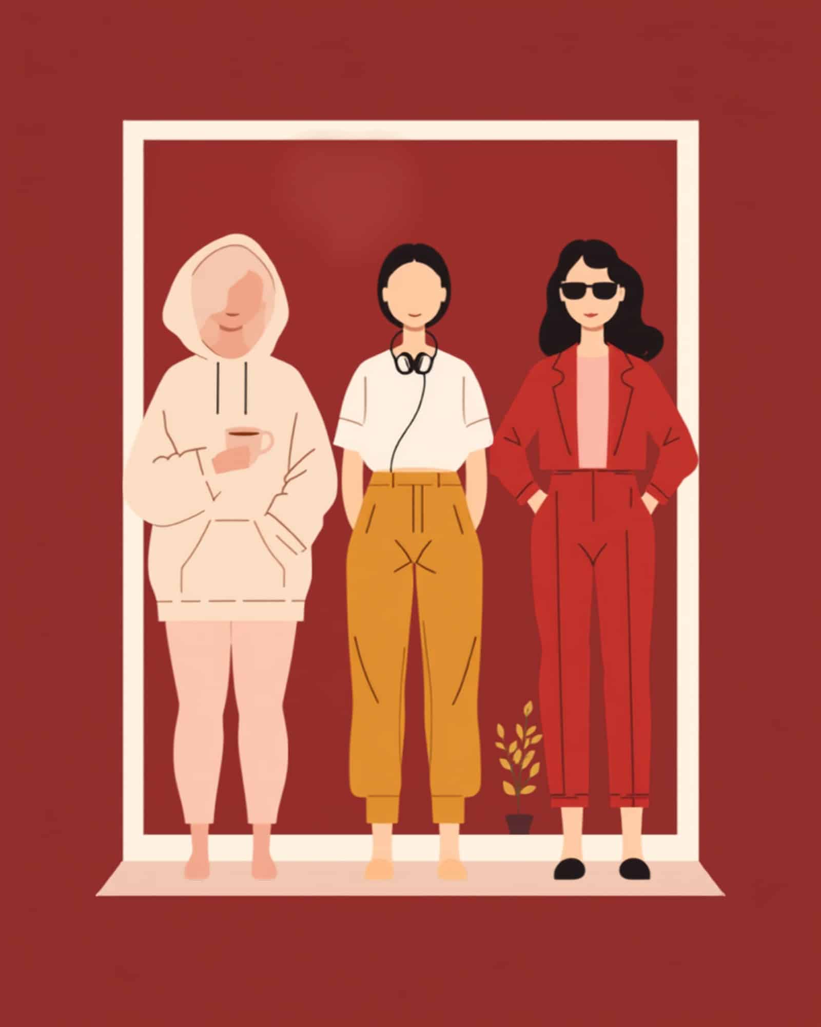 Illustration: drei junge Frauen ohne Gesichter in einer Schulpause am Fenster – soft, lässig, selbstbewusst