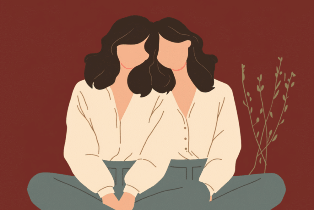 Illustration auf dunkelrotem Grund: zwei Frauen mit dunklen, gewellten Haaren sitzen eng aneinandergelehnt im Schneidersitz, beide Gesichter ohne Züge, daneben ein zarter grüner Zweig