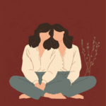 Illustration auf dunkelrotem Grund: zwei Frauen mit dunklen, gewellten Haaren sitzen eng aneinandergelehnt im Schneidersitz, beide Gesichter ohne Züge, daneben ein zarter grüner Zweig