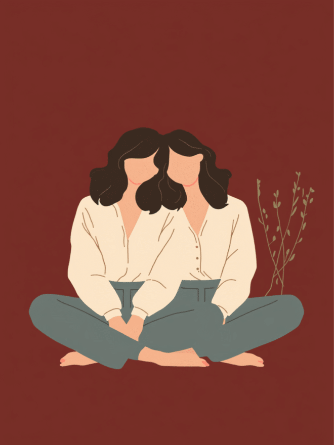 Illustration auf dunkelrotem Grund: zwei Frauen mit dunklen, gewellten Haaren sitzen eng aneinandergelehnt im Schneidersitz, beide Gesichter ohne Züge, daneben ein zarter grüner Zweig