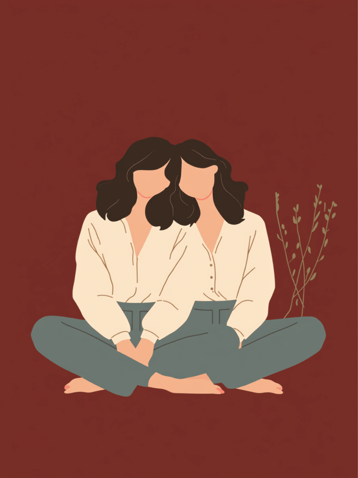 Illustration auf dunkelrotem Grund: zwei Frauen mit dunklen, gewellten Haaren sitzen eng aneinandergelehnt im Schneidersitz, beide Gesichter ohne Züge, daneben ein zarter grüner Zweig