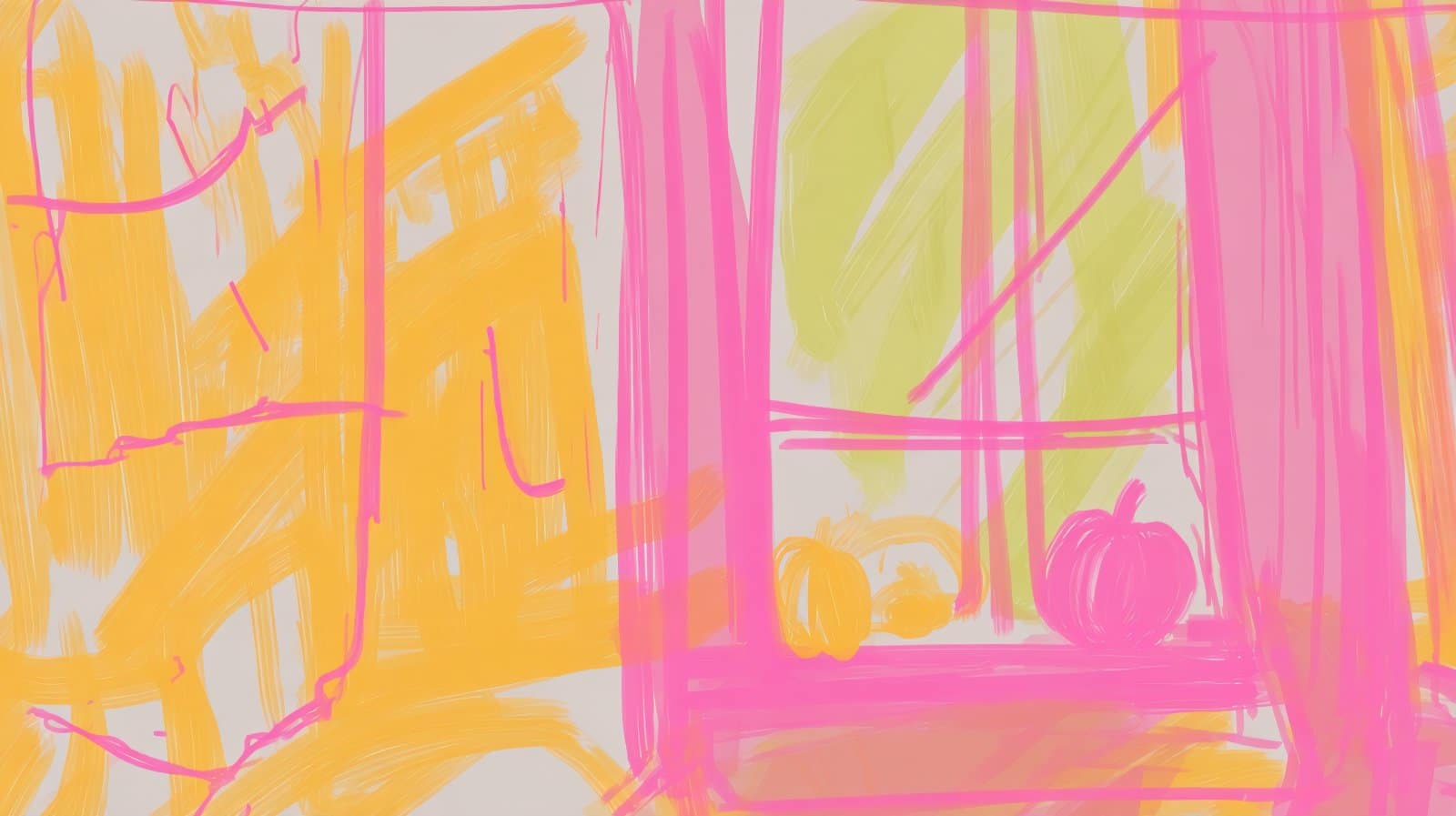 Skizzenhafte Hommage an David Hockney in Pink und Gelb: Fenster mit Vorhängen, auf der Fensterbank zwei Kürbisse