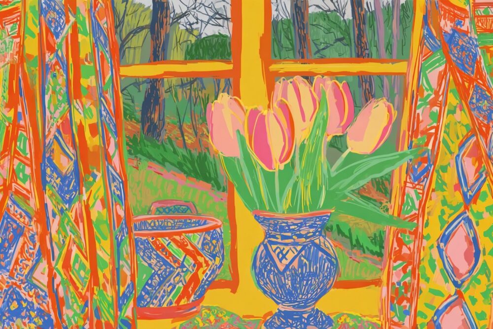 Farbenfrohe Hommage an David Hockney: rosa Tulpen in einer blauen Vase vor einem Fenster mit Blick in den Frühlingswald, gemusterte Vorhänge