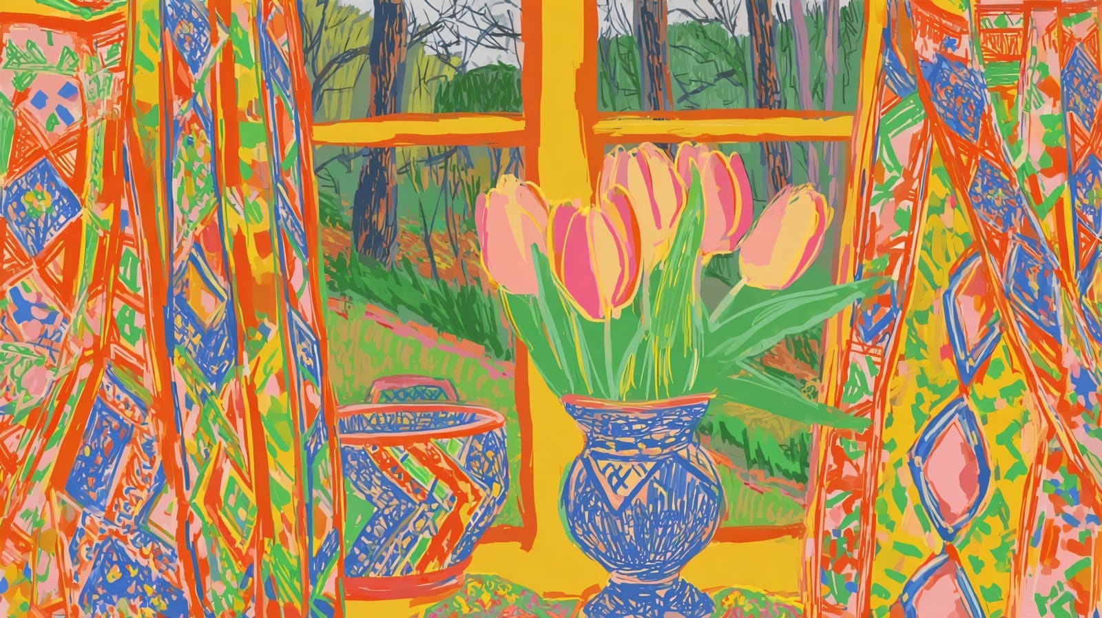 Farbenfrohe Hommage an David Hockney: rosa Tulpen in einer blauen Vase vor einem Fenster mit Blick in den Frühlingswald
