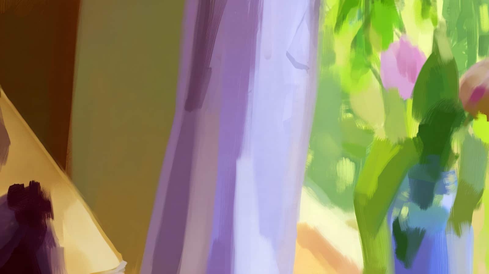 Malerische Hommage an David Hockney: violetter Vorhang, dahinter rosa Blüten in einer blauen Vase im Licht