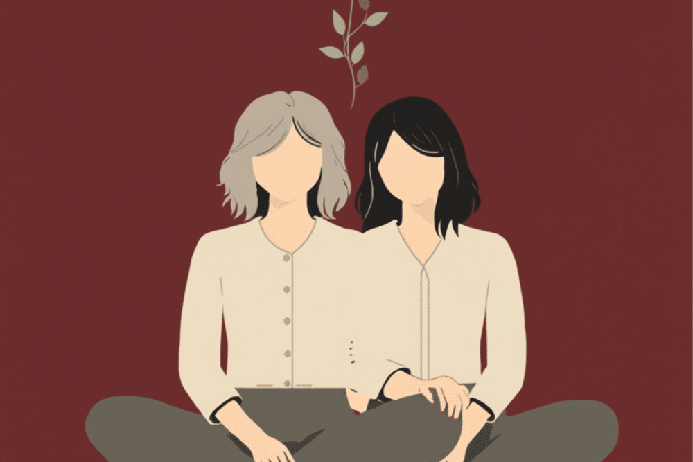 Illustration auf dunkelrotem Grund: eine ältere Frau mit grauen Haaren und eine jüngere Frau mit dunklen Haaren sitzen eng nebeneinander im Schneidersitz und halten sich an den Händen, beide Gesichter ohne Züge, darüber ein grüner Blätterzweig
