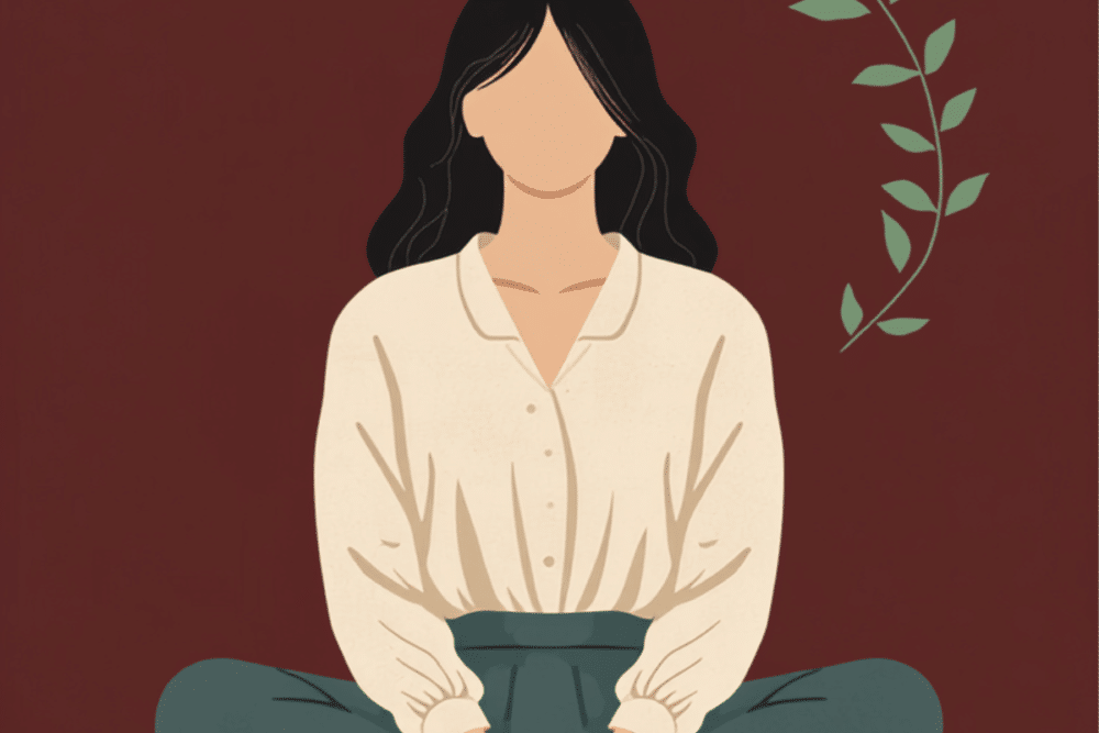 Illustration auf dunkelrotem Grund: eine Frau mit dunklen Haaren sitzt im Schneidersitz, das Gesicht von den Haaren verdeckt, daneben ein salbeigrüner Blätterzweig