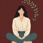 Illustration auf dunkelrotem Grund: eine Frau mit dunklen Haaren sitzt im Schneidersitz, das Gesicht von den Haaren verdeckt, daneben ein salbeigrüner Blätterzweig