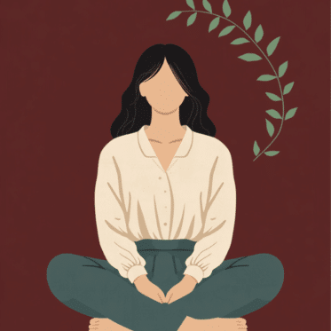 Illustration auf dunkelrotem Grund: eine Frau mit dunklen Haaren sitzt im Schneidersitz, das Gesicht von den Haaren verdeckt, daneben ein salbeigrüner Blätterzweig