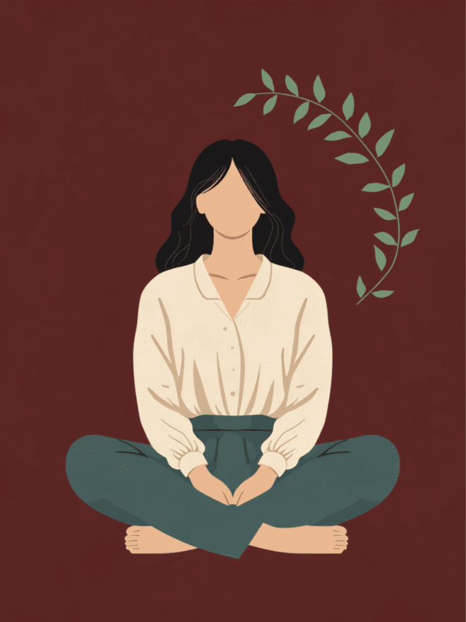 Illustration auf dunkelrotem Grund: eine Frau mit dunklen Haaren sitzt im Schneidersitz, das Gesicht von den Haaren verdeckt, daneben ein salbeigrüner Blätterzweig