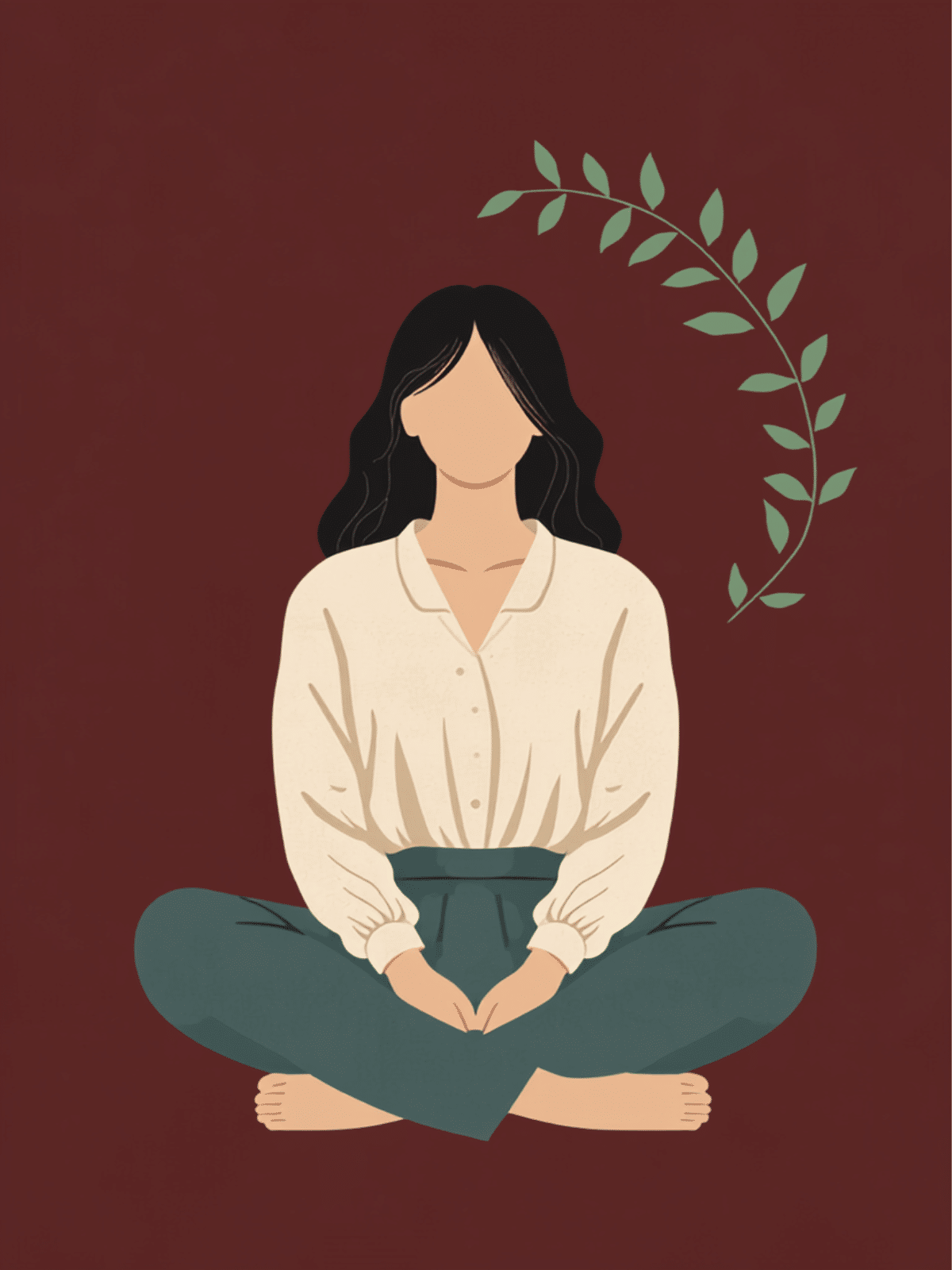 Illustration auf dunkelrotem Grund: eine Frau mit dunklen Haaren sitzt im Schneidersitz, das Gesicht von den Haaren verdeckt, daneben ein salbeigrüner Blätterzweig