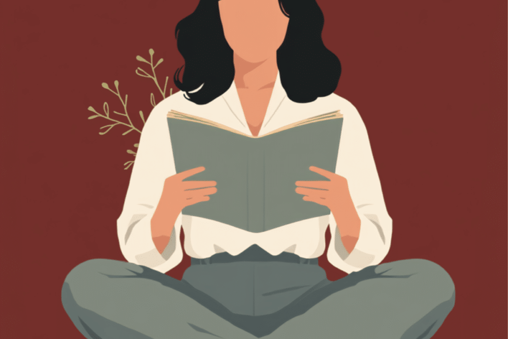 Illustration auf dunkelrotem Grund: eine Frau mit dunklen Haaren sitzt im Schneidersitz und liest in einer aufgeschlagenen alten Zeitschrift, daneben ein kleiner Stapel weiterer Zeitschriften, das Gesicht ohne Züge