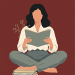 Illustration auf dunkelrotem Grund: eine Frau mit dunklen Haaren sitzt im Schneidersitz und liest in einer aufgeschlagenen alten Zeitschrift, daneben ein kleiner Stapel weiterer Zeitschriften, das Gesicht ohne Züge