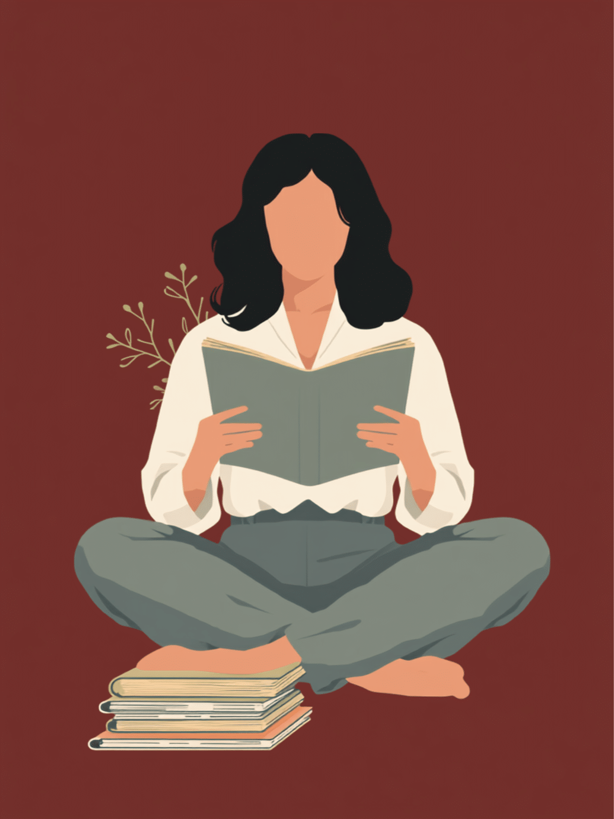 Illustration auf dunkelrotem Grund: eine Frau mit dunklen Haaren sitzt im Schneidersitz und liest in einer aufgeschlagenen alten Zeitschrift, daneben ein kleiner Stapel weiterer Zeitschriften, das Gesicht ohne Züge