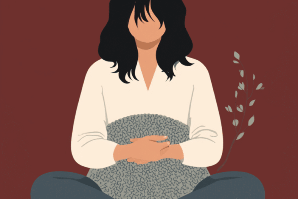 Illustration auf dunkelrotem Grund: eine Frau mit dunklen Haaren sitzt im Schneidersitz und hält behutsam eine graue Wolldecke in den Armen, daneben zarte grüne Blätter