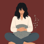 Illustration auf dunkelrotem Grund: eine Frau mit dunklen Haaren sitzt im Schneidersitz und hält behutsam eine graue Wolldecke in den Armen, daneben zarte grüne Blätter