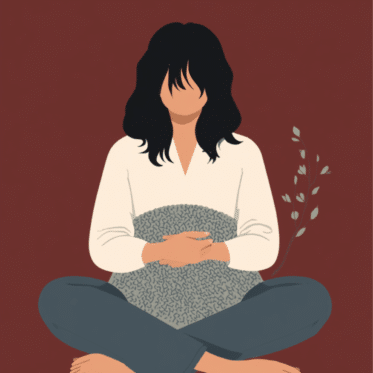 Illustration auf dunkelrotem Grund: eine Frau mit dunklen Haaren sitzt im Schneidersitz und hält behutsam eine graue Wolldecke in den Armen, daneben zarte grüne Blätter