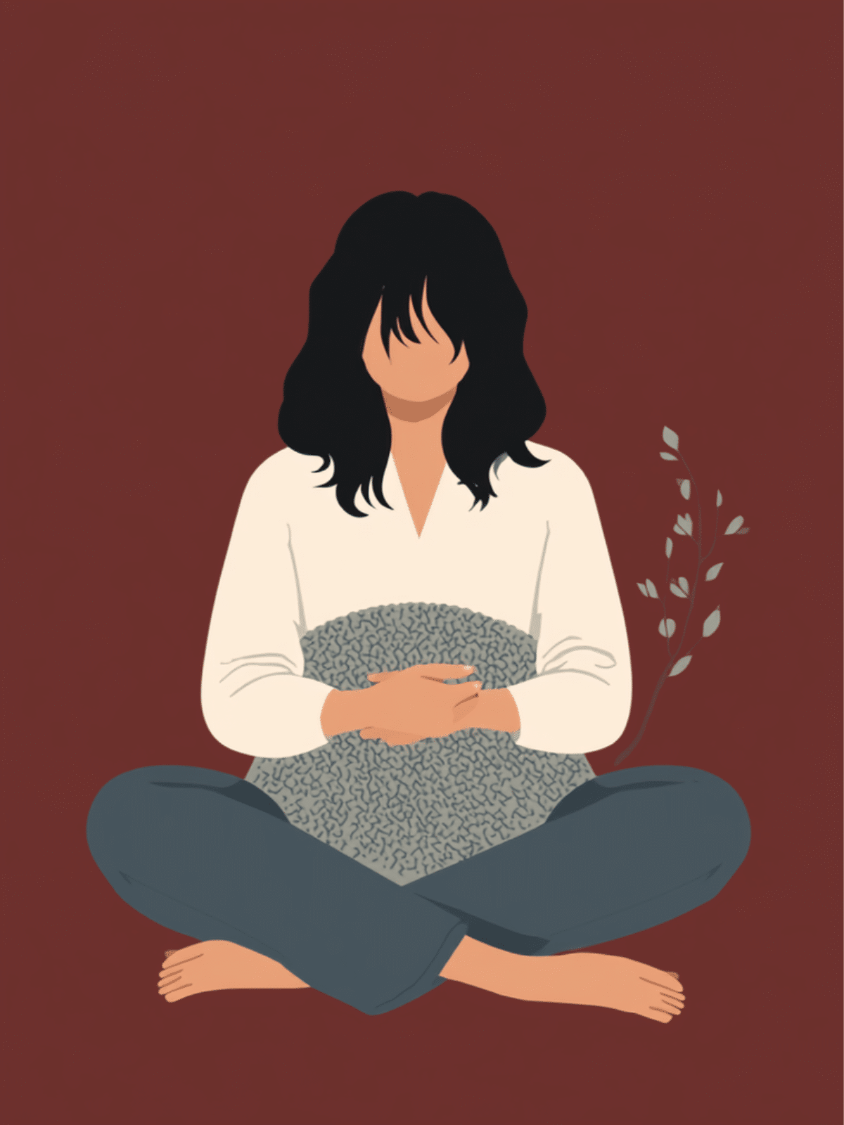 Illustration auf dunkelrotem Grund: eine Frau mit dunklen Haaren sitzt im Schneidersitz und hält behutsam eine graue Wolldecke in den Armen, daneben zarte grüne Blätter