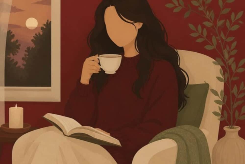 Illustration auf dunkelrotem Grund: eine Frau mit langen dunklen Haaren sitzt allein in einem Sessel am Fenster, trinkt Tee, ein aufgeschlagenes Buch auf dem Schoß, daneben eine Kerze und ein grüner Zweig, das Gesicht ohne Züge