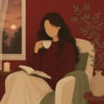 Illustration auf dunkelrotem Grund: eine Frau mit langen dunklen Haaren sitzt allein in einem Sessel am Fenster, trinkt Tee, ein aufgeschlagenes Buch auf dem Schoß, daneben eine Kerze und ein grüner Zweig, das Gesicht ohne Züge