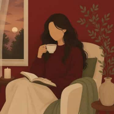 Illustration auf dunkelrotem Grund: eine Frau mit langen dunklen Haaren sitzt allein in einem Sessel am Fenster, trinkt Tee, ein aufgeschlagenes Buch auf dem Schoß, daneben eine Kerze und ein grüner Zweig, das Gesicht ohne Züge