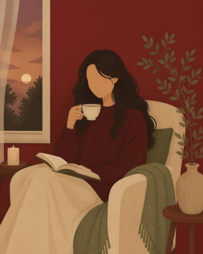 Illustration auf dunkelrotem Grund: eine Frau mit langen dunklen Haaren sitzt allein in einem Sessel am Fenster, trinkt Tee, ein aufgeschlagenes Buch auf dem Schoß, daneben eine Kerze und ein grüner Zweig, das Gesicht ohne Züge