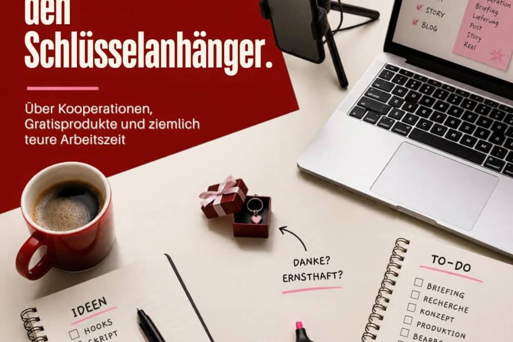 Schreibtisch mit Ringlicht, Smartphone, Laptop mit Content-Plan und To-do-Listen; in der Mitte ein winziges Geschenkkästchen mit Schlüsselanhänger, daneben die Notiz „Danke? Ernsthaft?“ – Titel: Danke für den Schlüsselanhänger.