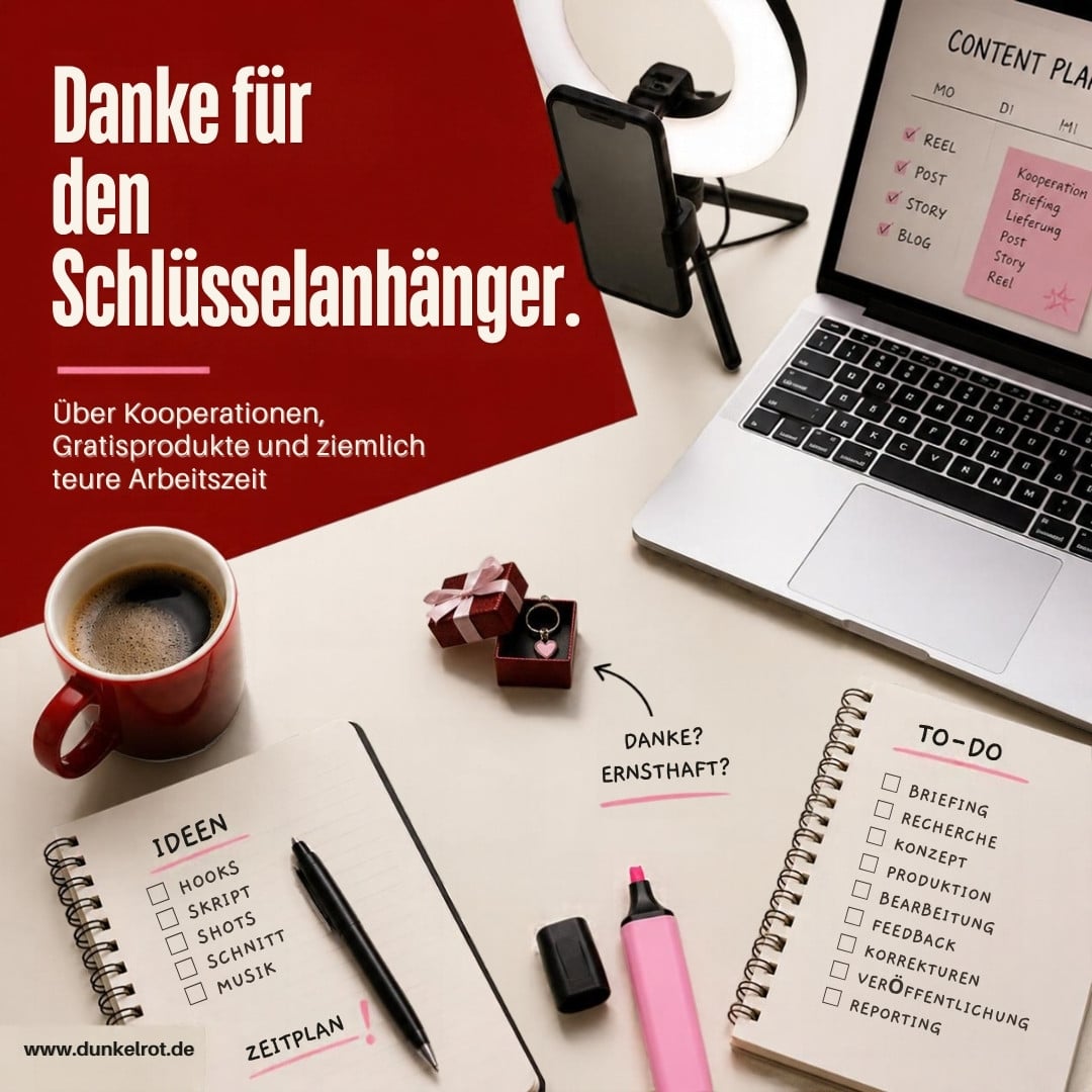 Schreibtisch mit Ringlicht, Smartphone, Laptop mit Content-Plan und To-do-Listen; in der Mitte ein winziges Geschenkkästchen mit Schlüsselanhänger, daneben die Notiz „Danke? Ernsthaft?“ – Titel: Danke für den Schlüsselanhänger.