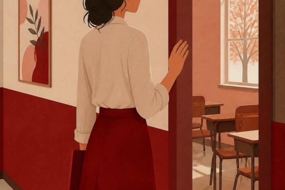 Illustration: Lehrerin steht in der Tür eines leeren Klassenraums und blickt in den Raum
