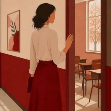 Illustration: Lehrerin steht in der Tür eines leeren Klassenraums und blickt in den Raum