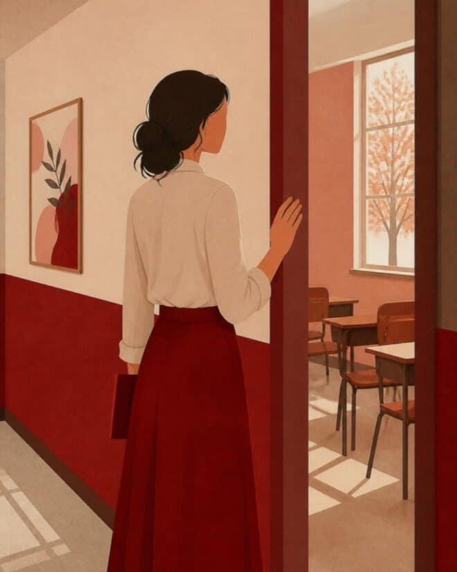 Illustration: Lehrerin steht in der Tür eines leeren Klassenraums und blickt in den Raum